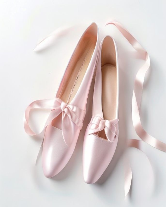 Placeholder image: Pale pink satin pointe shoes with ribbons
